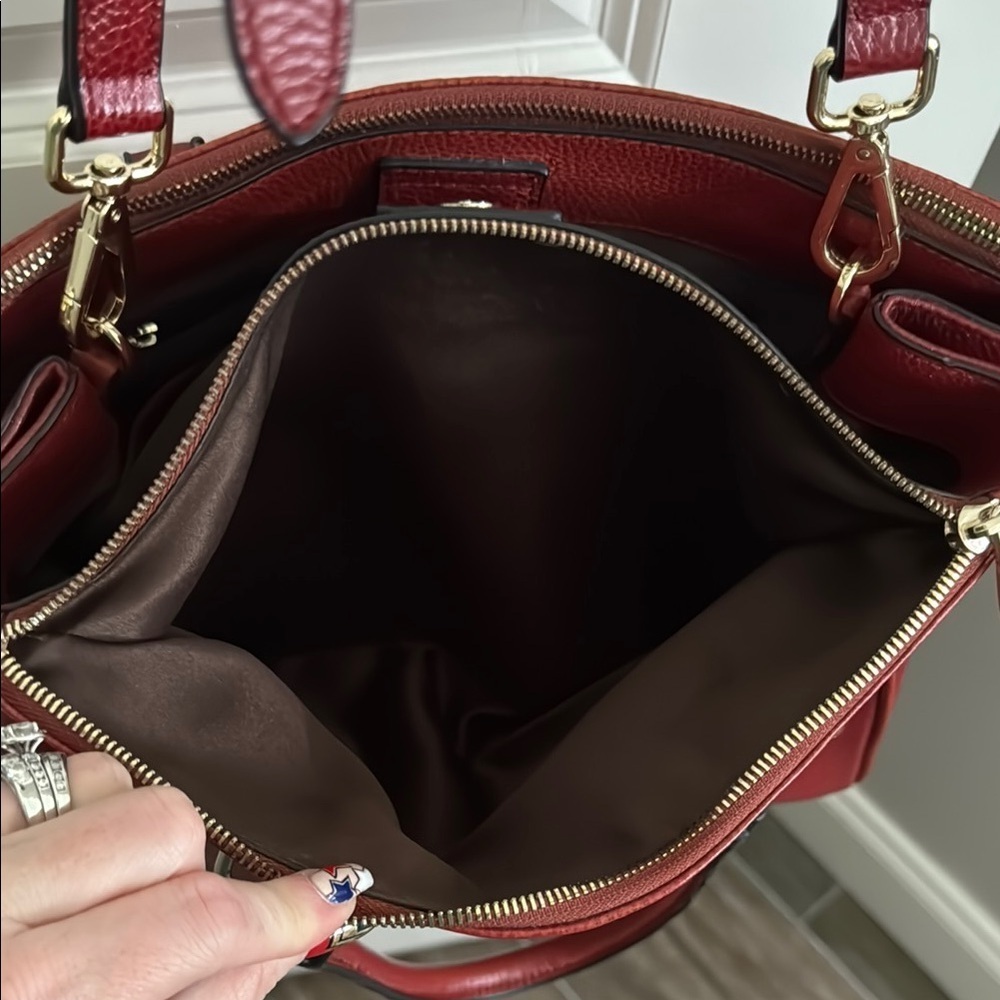Red Studded leather Satchel with gold Accents - Picture 9 of 15
